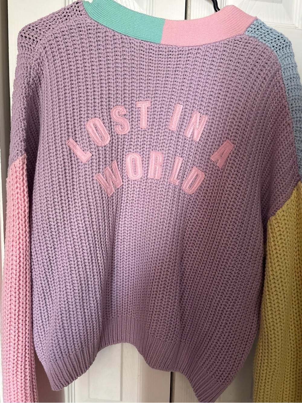 Lazy Oaf Pastel Purple 'Lost in a World' Colorblock Knit Sweater